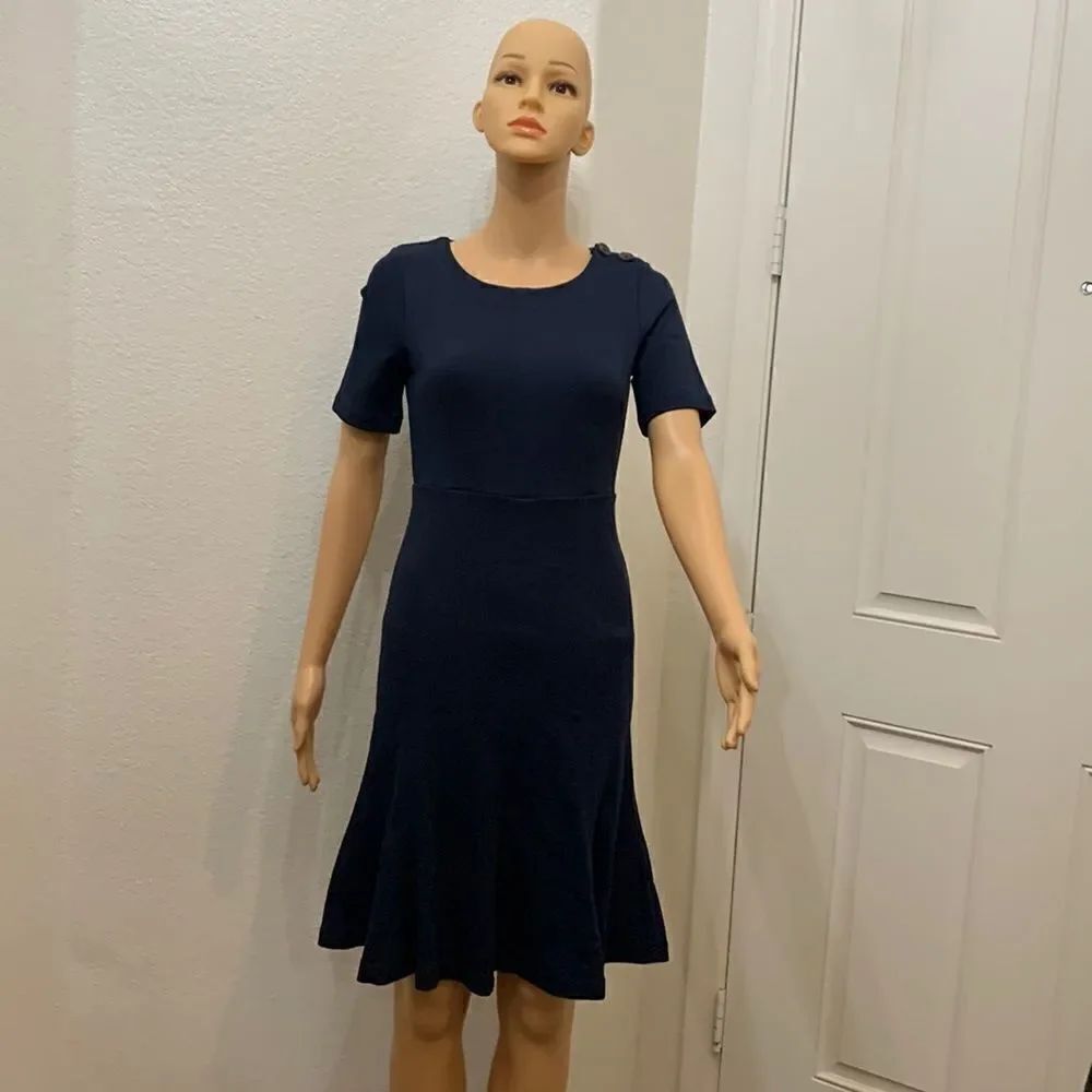 Banana Republic Scoop Neck Navy Blue Flare Bottom Zipper Back Short Sleeve Dress